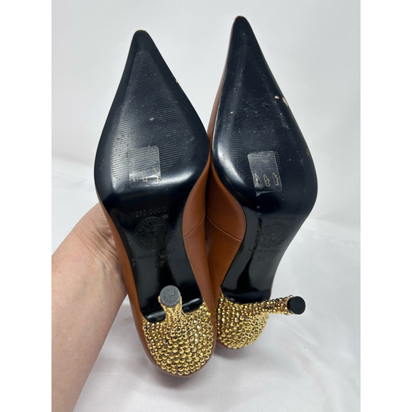 Gianni Versace 90's Pointed Toe Brown Leather Pump Jeweled Stiletto, 39 - Picture 9 of 11